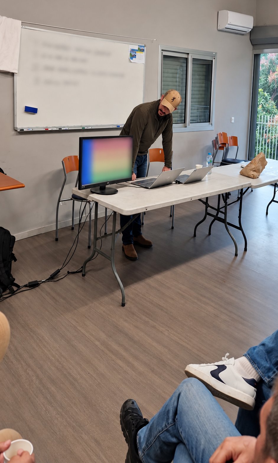 Salle de formation : un intervenant se penche sur des ordinateurs portables posés sur une table, jambes croisées d'un participant au premier plan, tableau blanc et fenêtre à l'arrière-plan